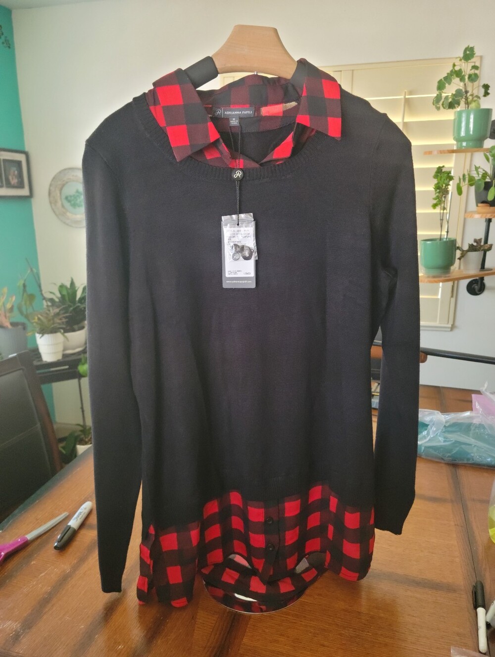 Adriana Papell Black Sweater with Red Buffalo Plaid Trim